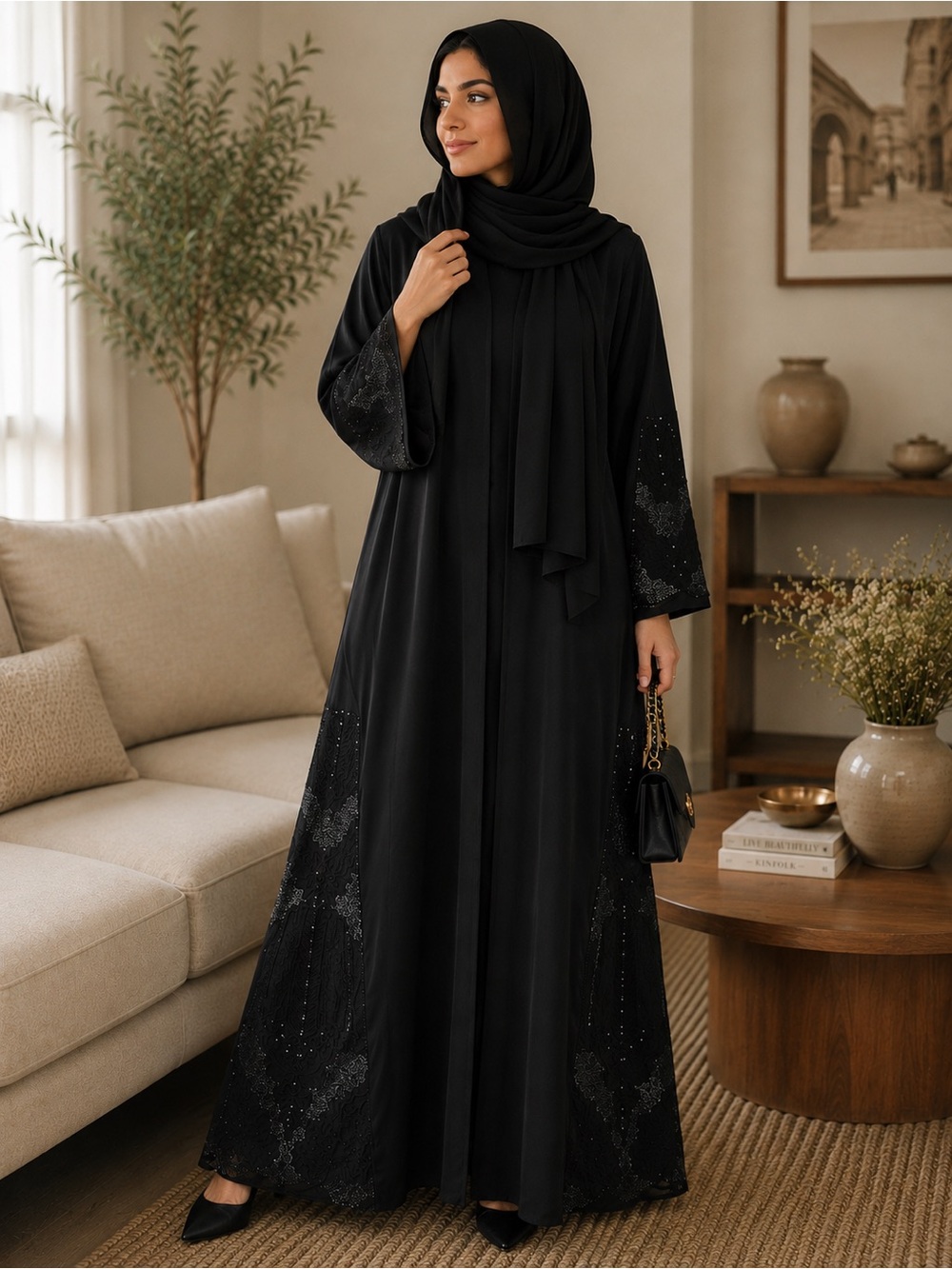 Abaya 2 piece with scarfElegant Black Embroidered Abaya Dress – Women